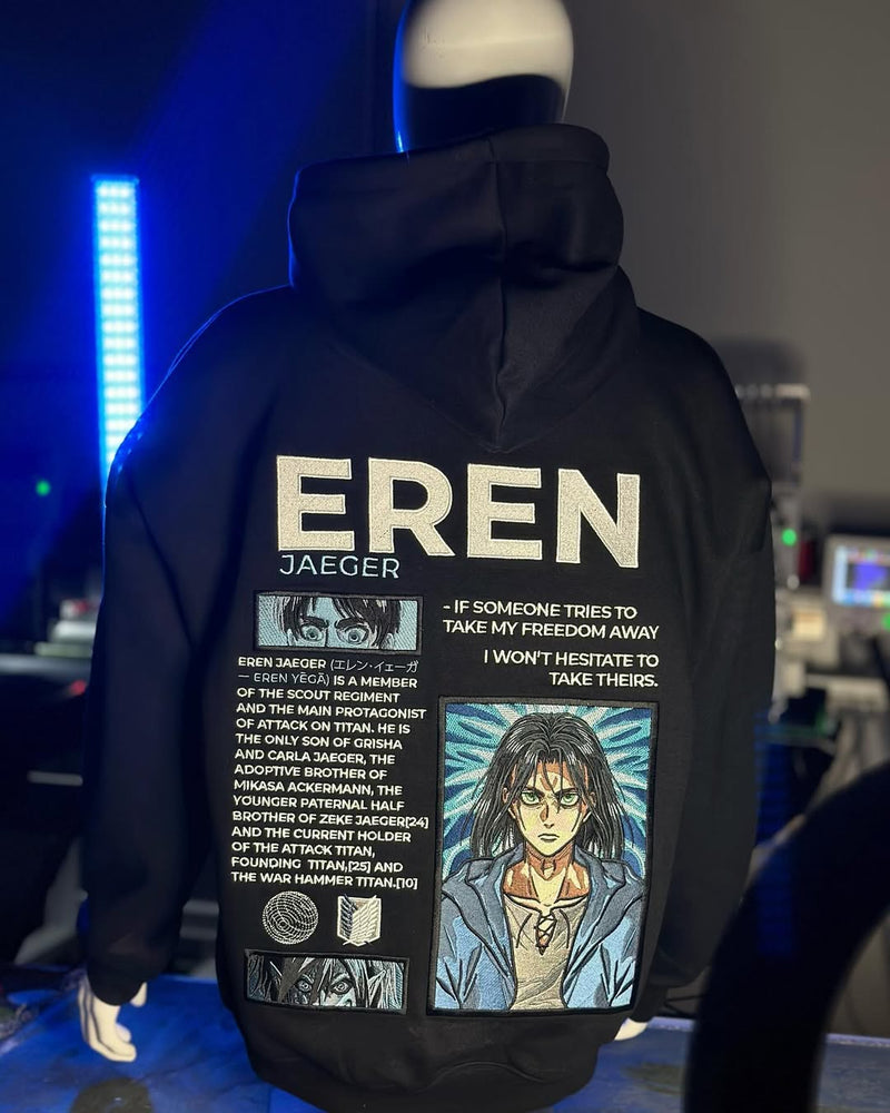 Embrotech Anime EREN Style embroidered hoodies.